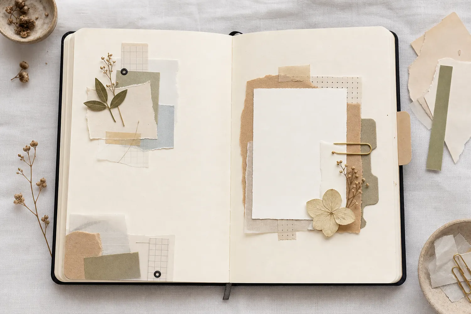 Open journal spread with layered paper clusters placed around blank writing space and a photo area