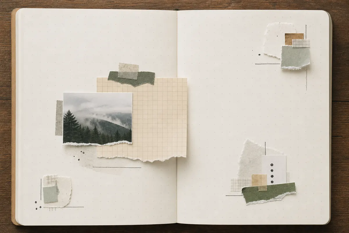Journal spread with repeated small paper accents placed around a main memo card