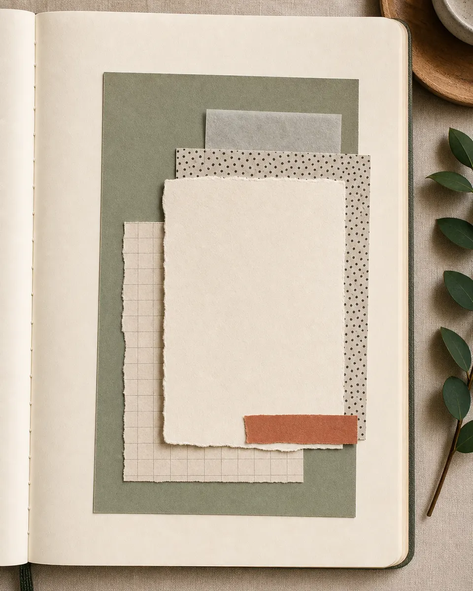 A simple layered journal page with a large solid base, grid paper, dotted patterned paper, neutral writing card, and small accent strip