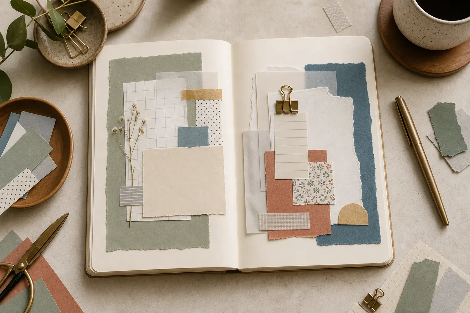 Open journal with colored paper, patterned paper, torn edges, vellum, and blank writing cards layered on both pages