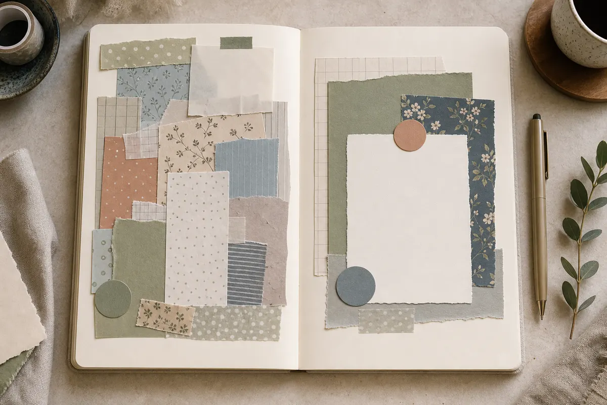Open journal comparing a crowded page of many patterned papers with a calmer layered page using one focal card and clear margins