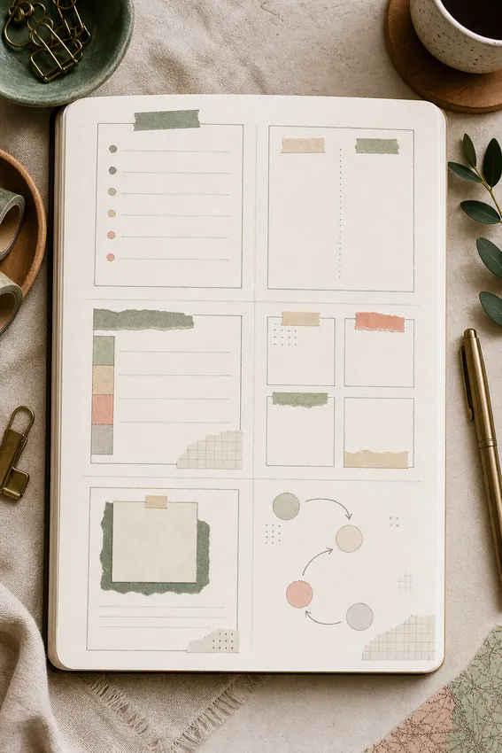 A journal page showing six small blank layout options made from lines, boxes, columns, and arrows