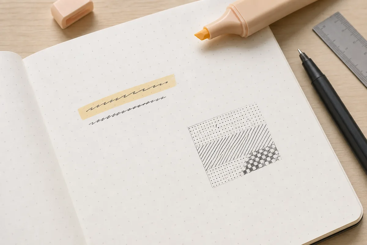 Journal page showing a pale highlighter correction and a neat pattern fill area