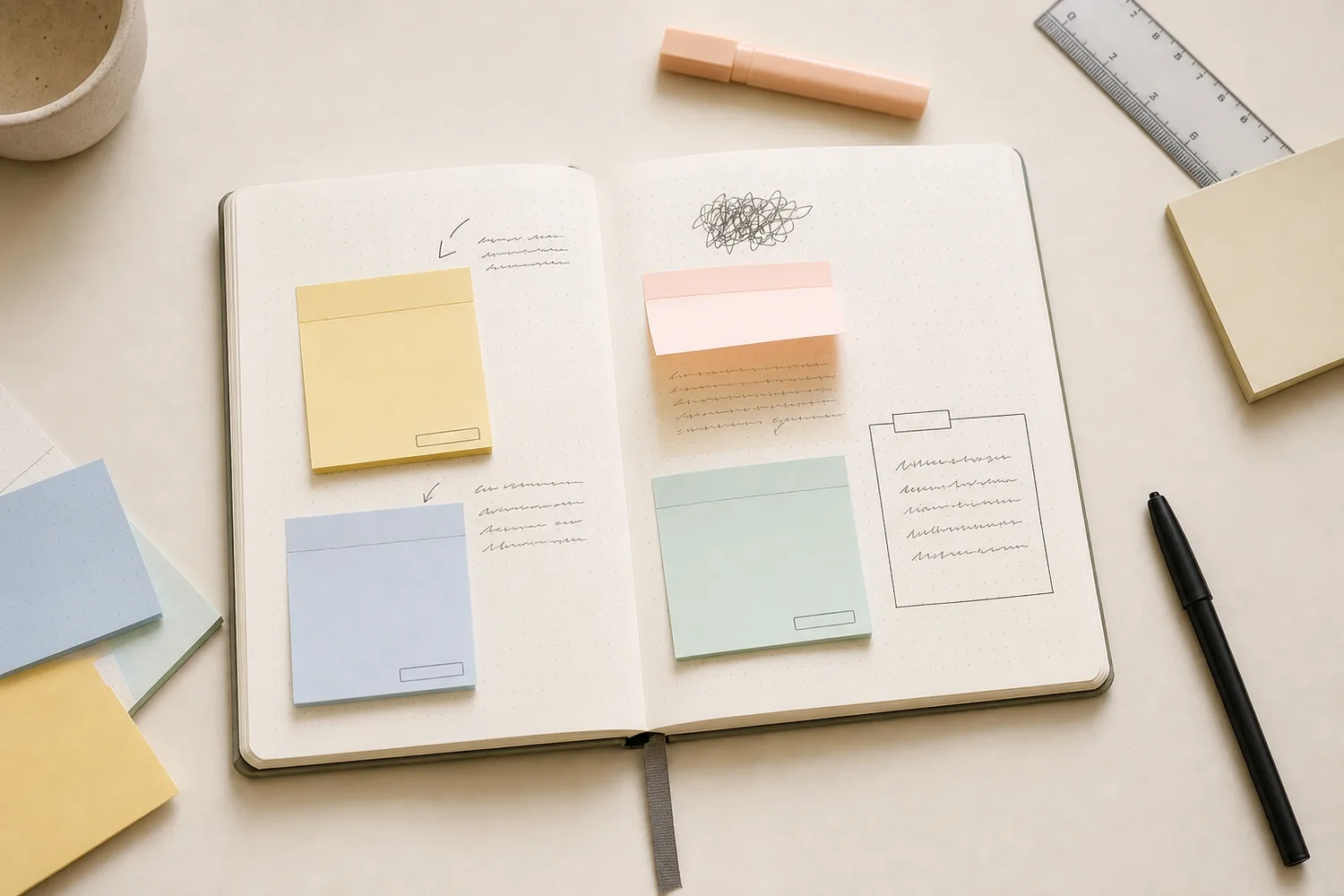Open journal page with memo patches, sticky notes, drawn boxes, and small rescue labels covering messy marks