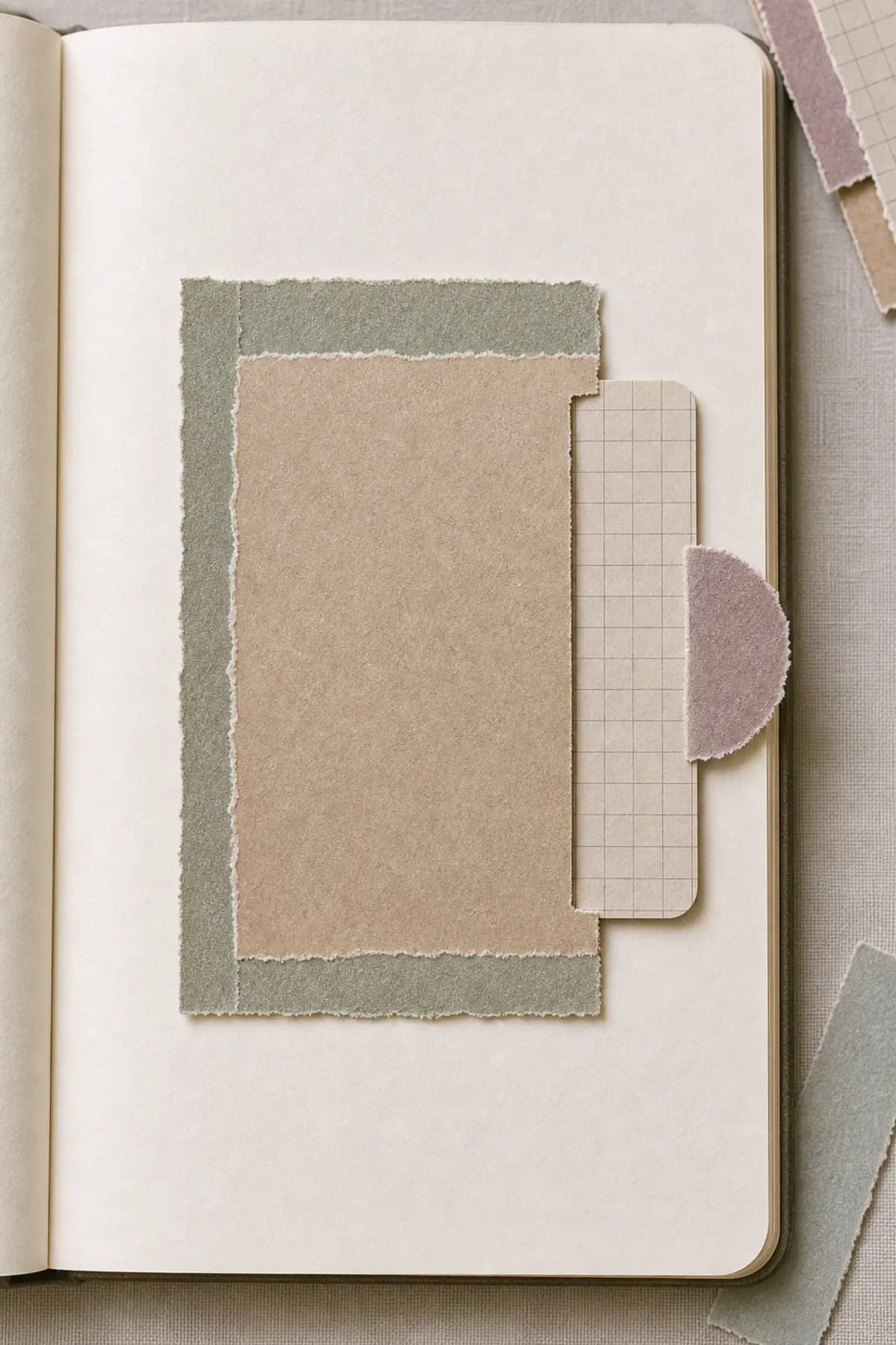 Close view of a flat nearly sealed journal pocket with a side slit, visible notch, and thin card peeking out