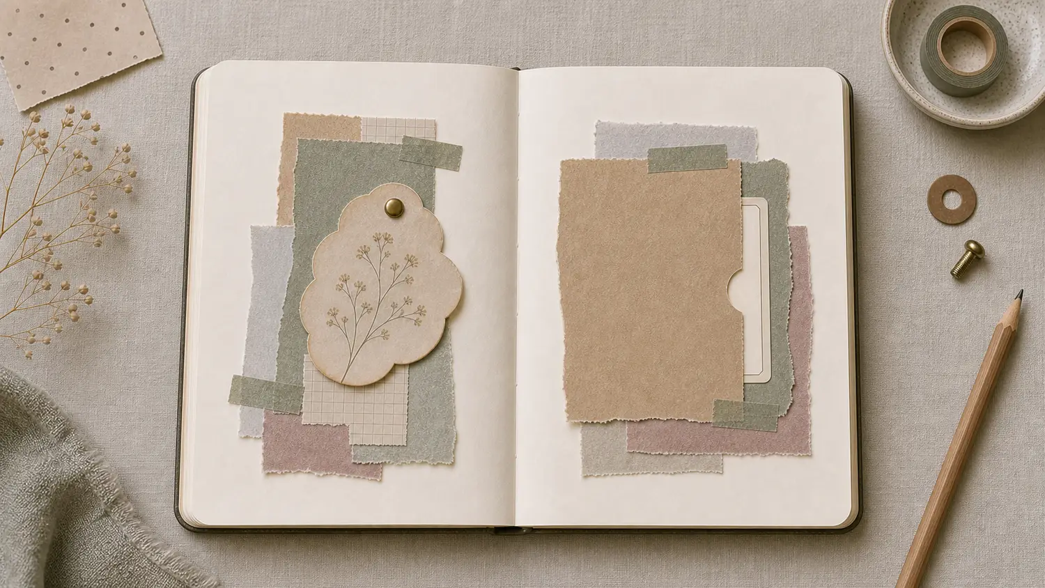 Open journal with a nearly sealed hidden pocket and a thin card peeking from a small side notch