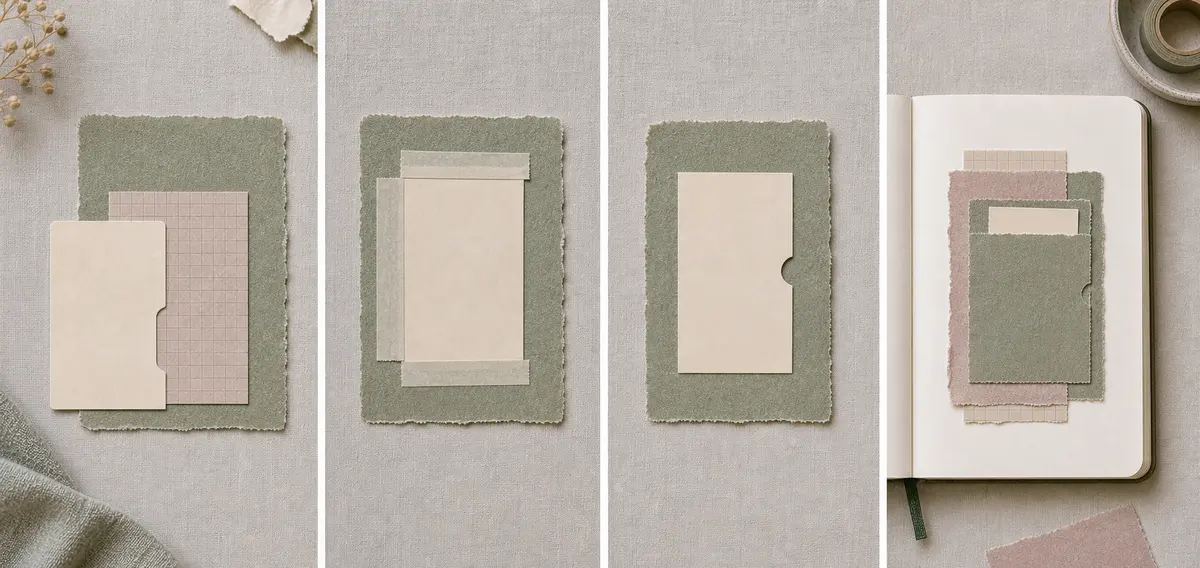 Four-stage process showing a nearly sealed pocket: dry fit, adhesive placement, pressed pocket, and finished pocket with card peeking