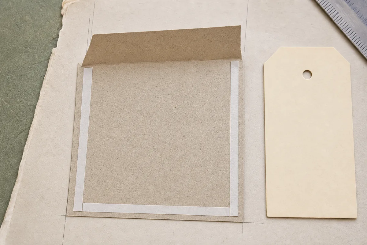 Adhesive map for journal structures showing bond zones around the edges and no-glue channels at pocket mouths, hinges, and clip paths