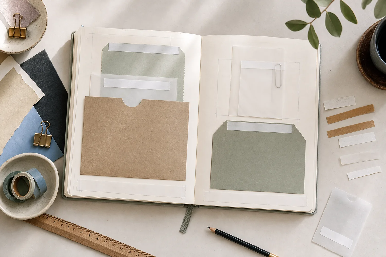 Open journal showing pockets, sleeves, and altered clips marked with safe adhesive edges and open no-glue channels