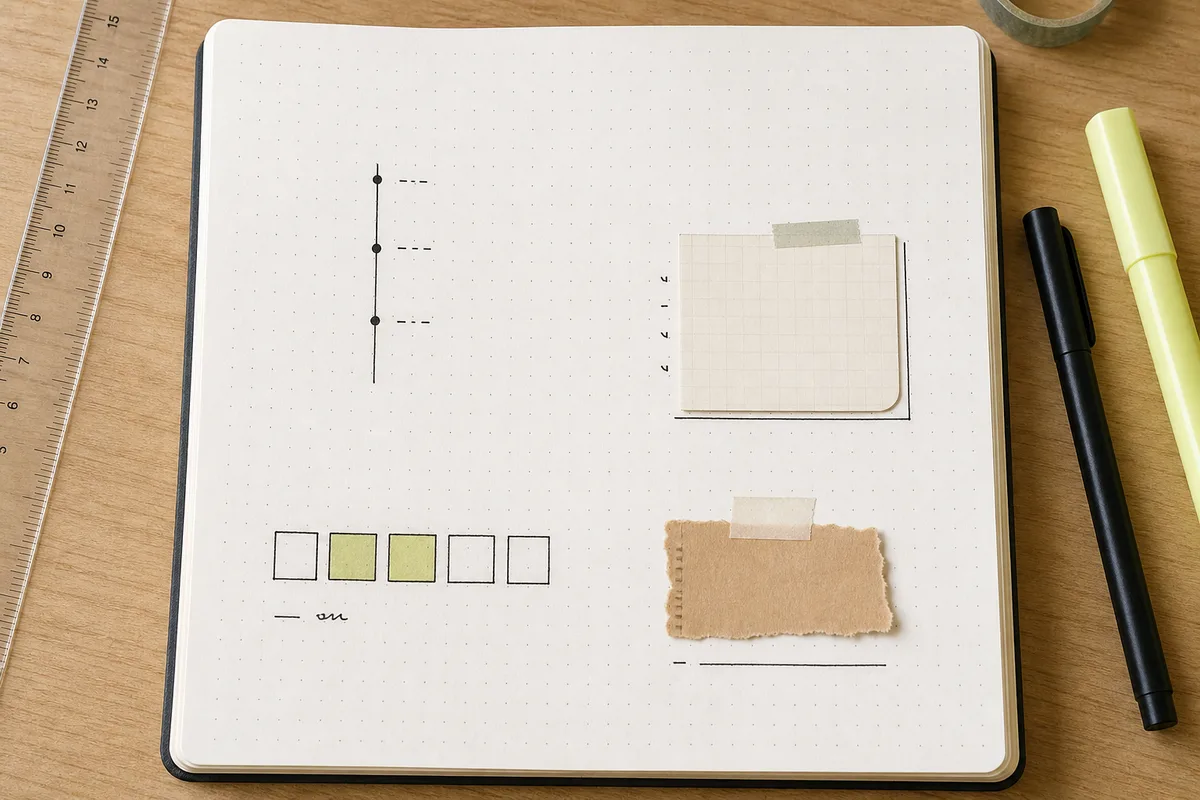 Journal page with a tiny three-dot timeline, corner memo card, five-box mood meter, and small taped desk scrap