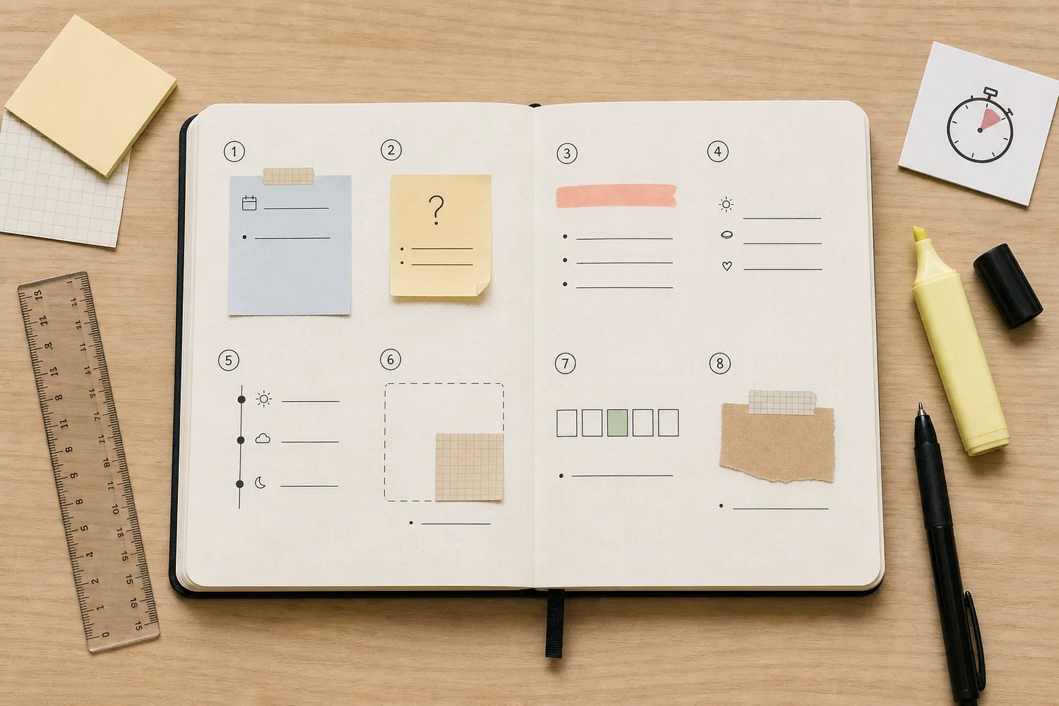 Open journal with eight one-minute spread starters, memo, sticky note, highlighter, ruler, timer card, and black pen