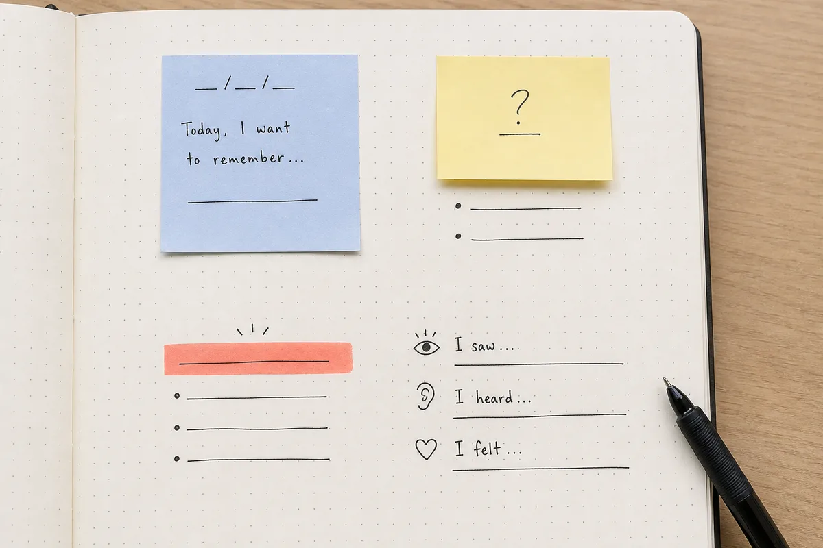 Journal page with a memo date card, sticky note prompt, highlighter header, and three-line journal starter