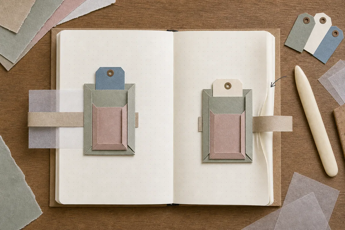 Illustrated comparison of two over-page-tuck placements, one using release paper and one extending near the cover edge