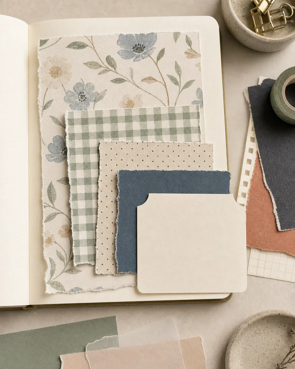 Layered journal page showing large floral paper, medium check paper, tiny dot paper, solid blue paper, and a neutral blank card