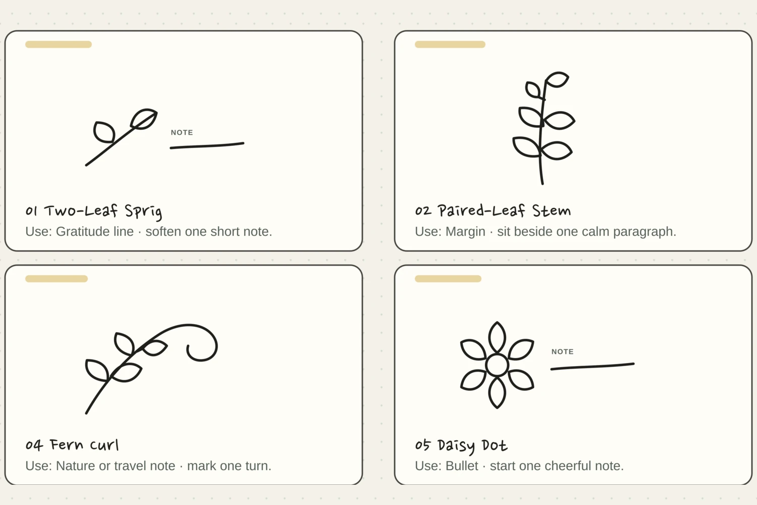A proof sheet of twelve compact black-ink botanical accents including sprigs, eucalyptus, fern, flower, clover, berries, lavender, mushroom, cactus, and acorn