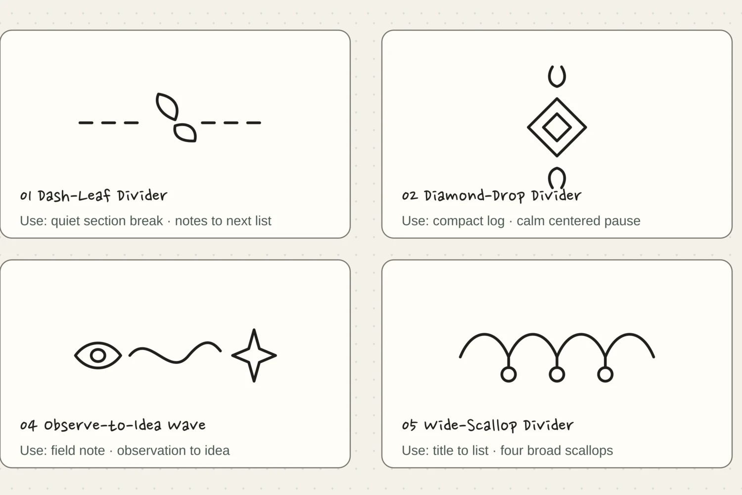 A proof sheet of twelve light pen-drawn journal dividers and corner accents