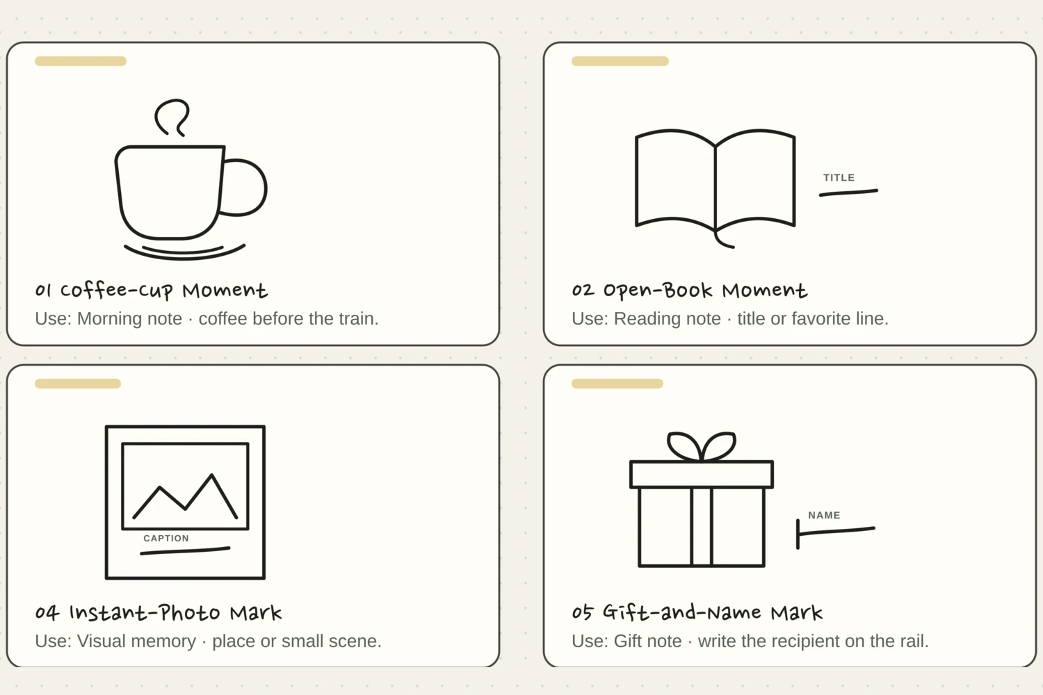 A proof sheet of twelve compact black-ink memory doodles including a coffee cup, book, headphones, photo, gift, cake, music note, suitcase, house, candle, plate, and paw