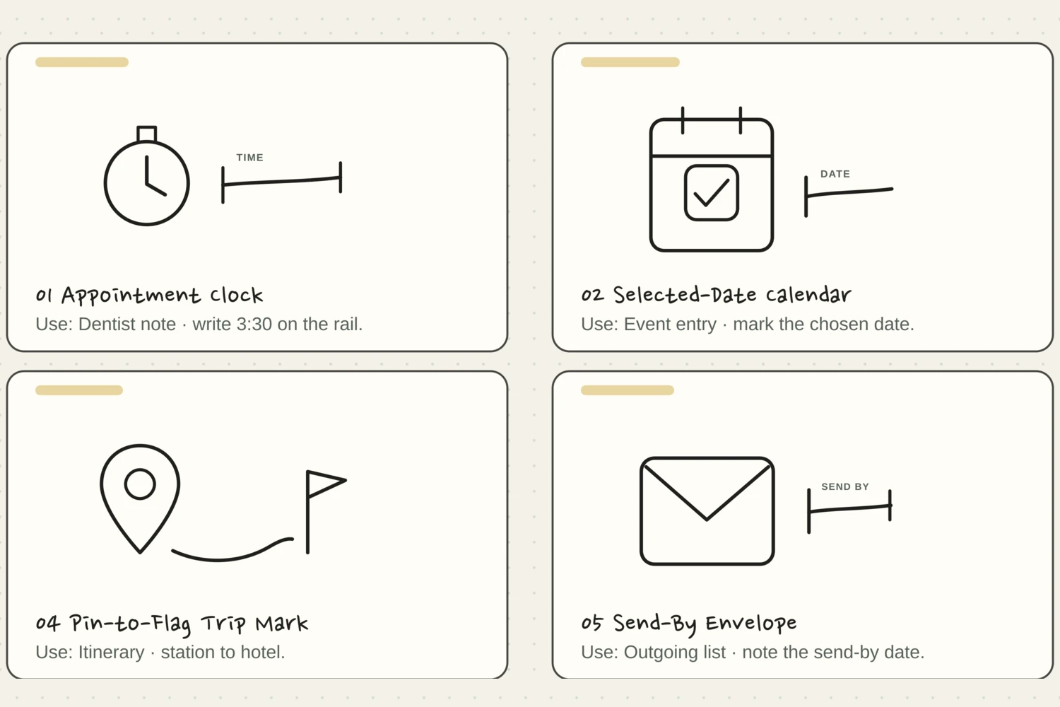 A proof sheet of twelve compact black-ink planning doodles including a clock, calendar, bell, envelope, broom, bag, plate, and repeat arrow
