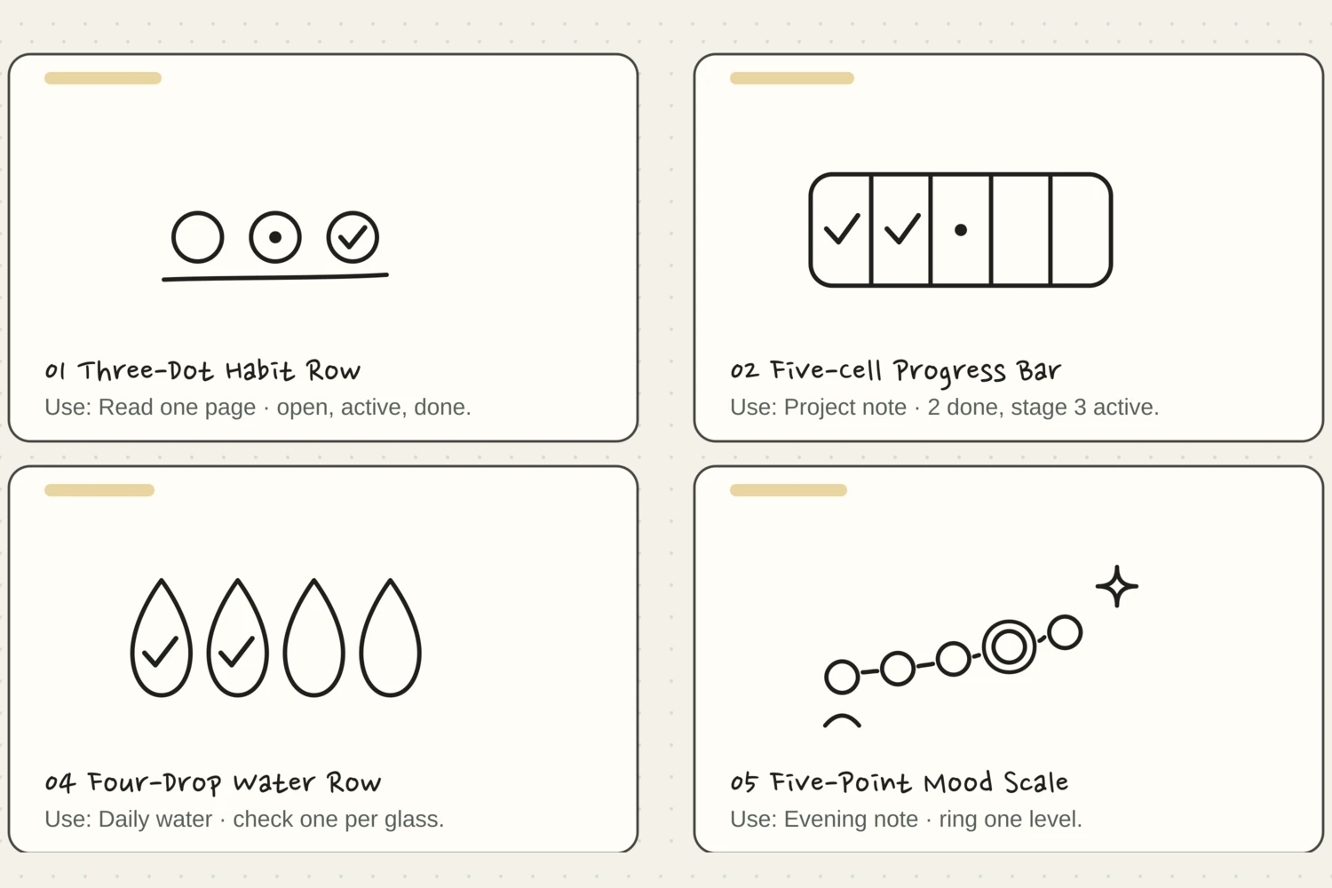 A proof sheet of twelve compact black-ink journal trackers including dots, drops, sprouts, bars, and stars
