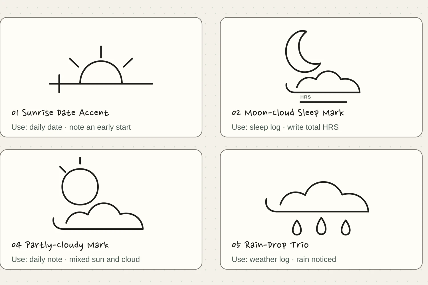 A proof sheet of twelve light pen-drawn weather and seasonal marks