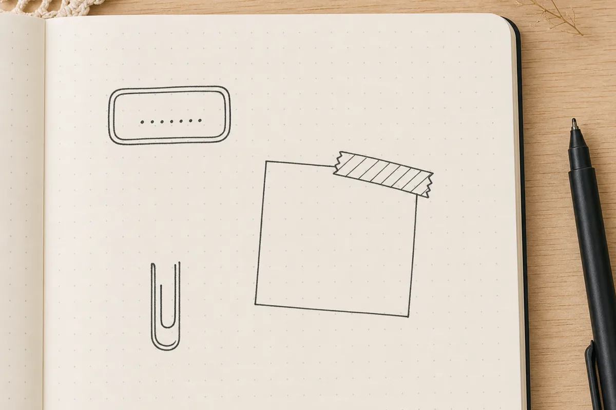 Dot-grid journal page with a pen-drawn label, fake tape strip, and fake paper clip around a memo