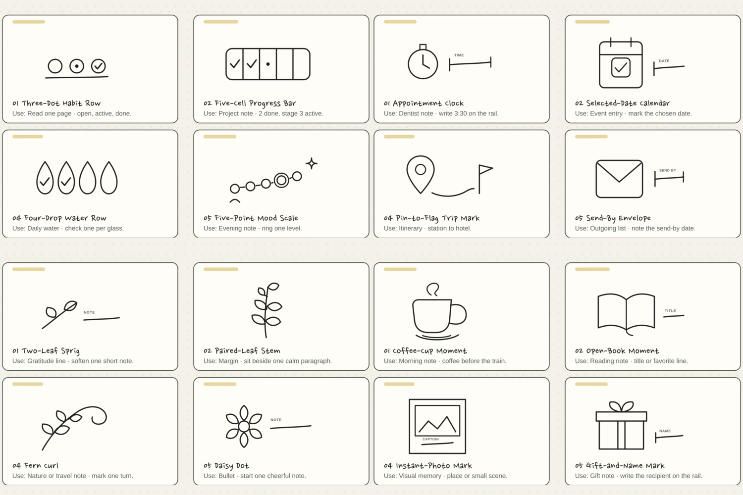 A selection of lightweight black-pen journal accents from the ten animated drawing guides