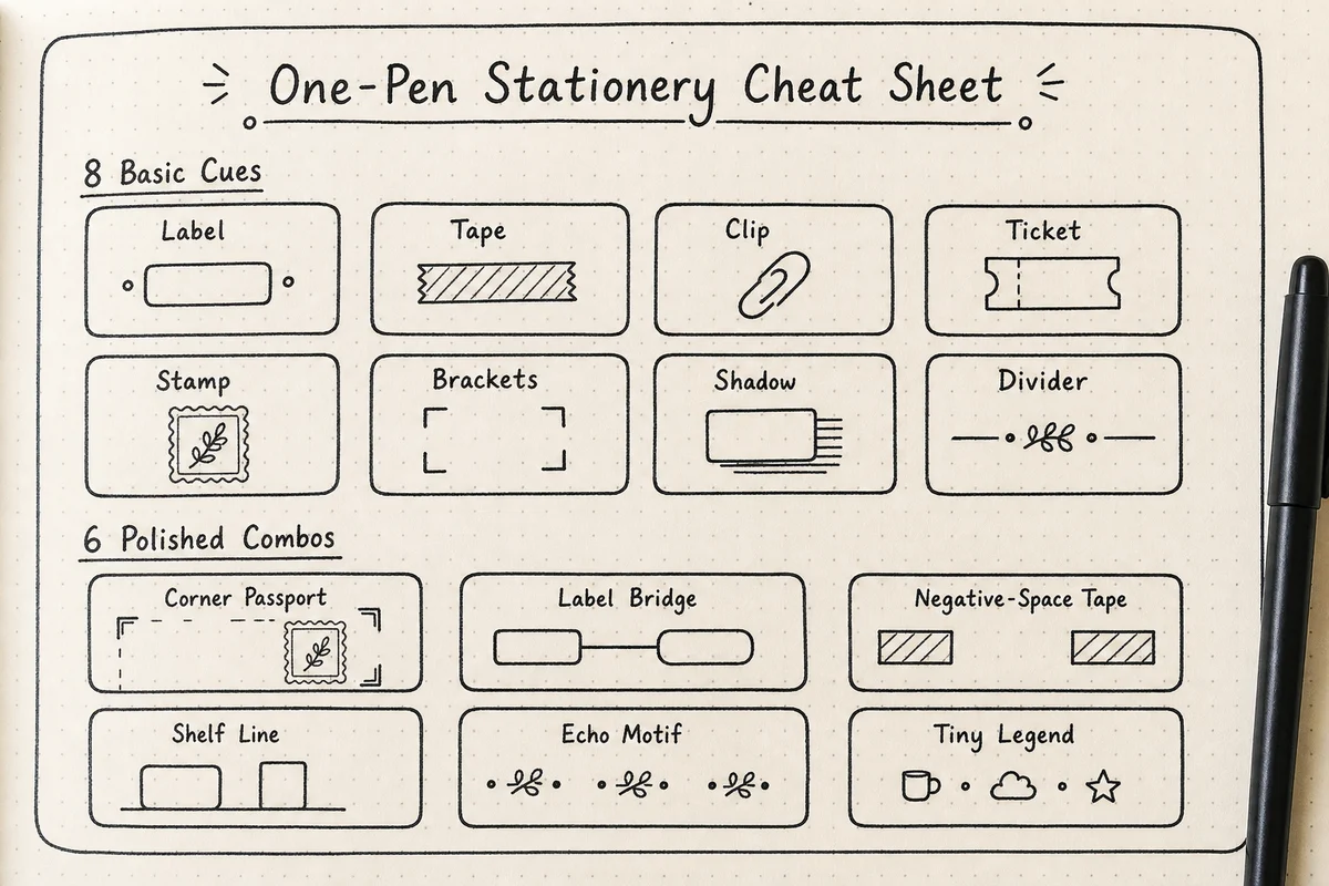 One-pen stationery cheat sheet with eight basic cues and six polished combinations for journal pages