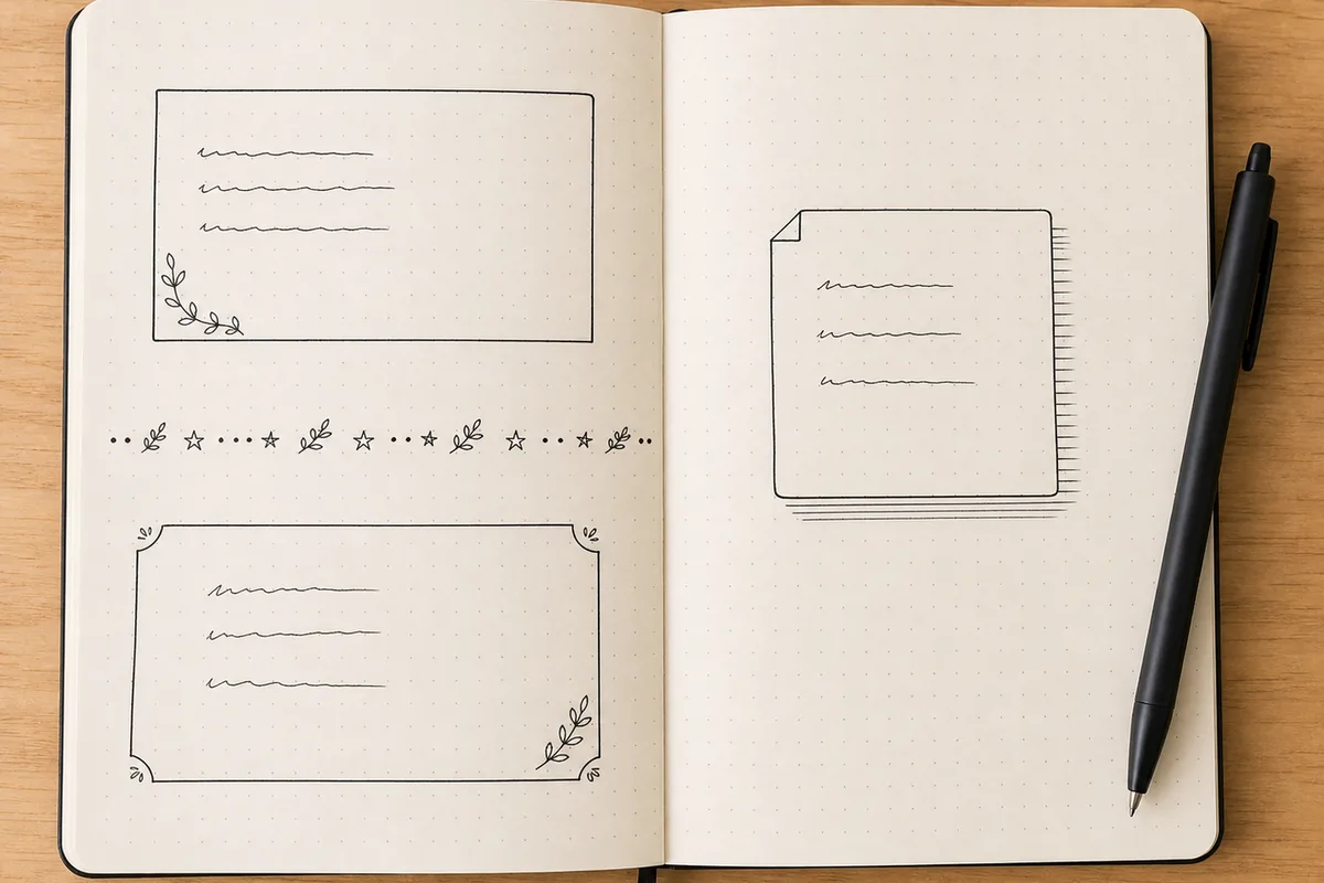 Dot-grid journal page with pen-drawn shadow hatching, repeated doodle divider, and simple frames