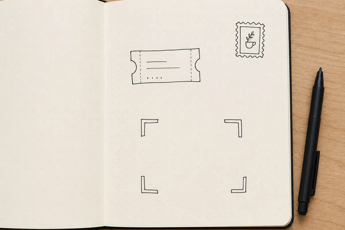 Dot-grid journal page with a pen-drawn ticket stub, tiny stamp, and photo corner brackets