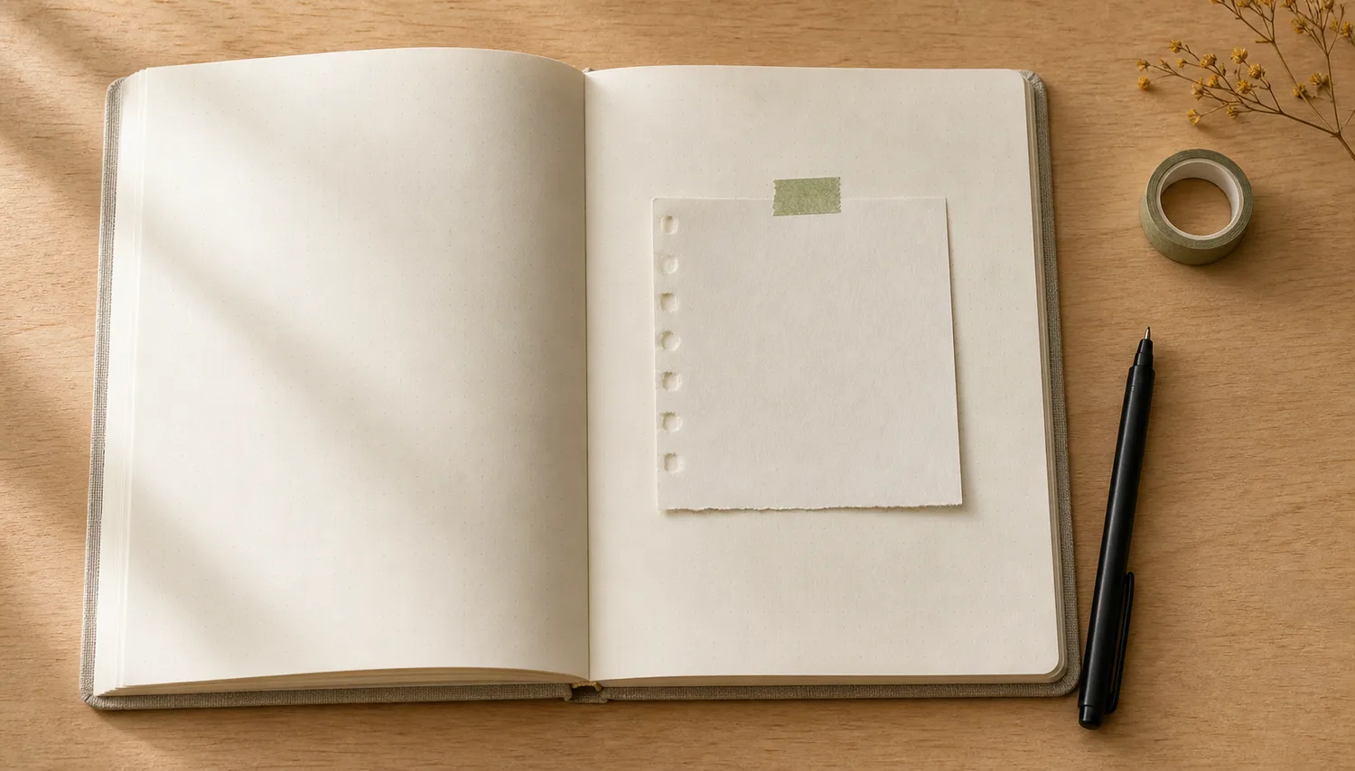 Open journal with one plain memo sheet taped onto a page beside a black pen