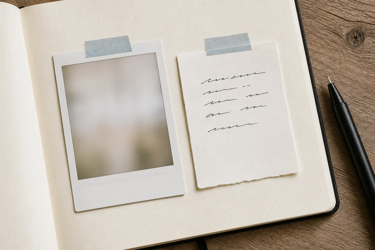 A blank photo print and a plain memo card placed side by side on a journal page