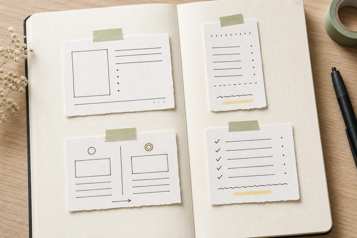 Journal spread with four plain memo cards arranged as simple field, receipt, before-after, and evidence layouts