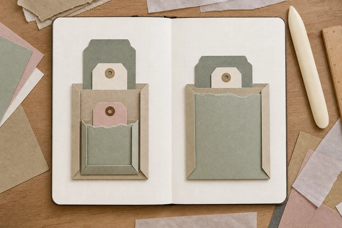 Illustrated comparison of two stacked-pocket arrangements, one with staggered pull edges and one with the rear card partly buried