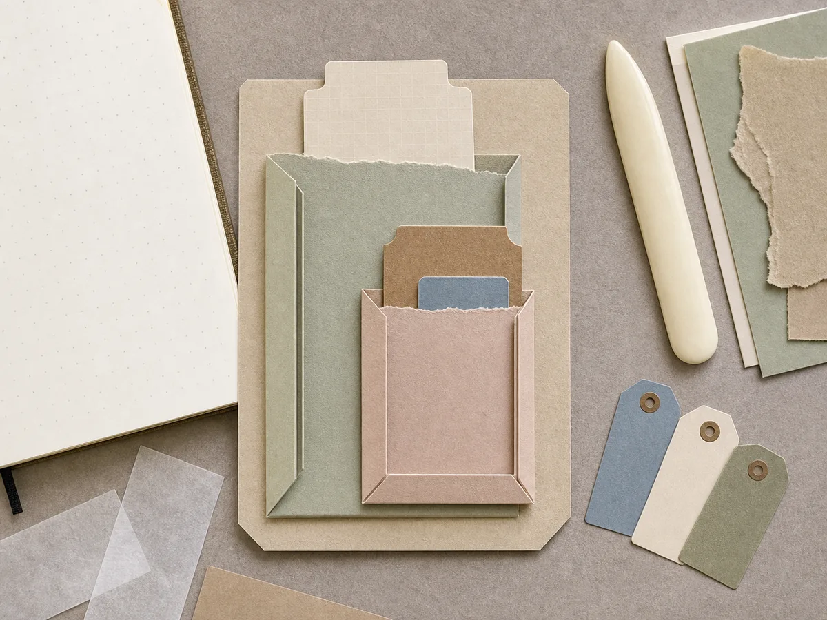 Loose backing card with a stacked pocket unit showing a tall rear card, lower front pocket, medium ticket, and tiny label