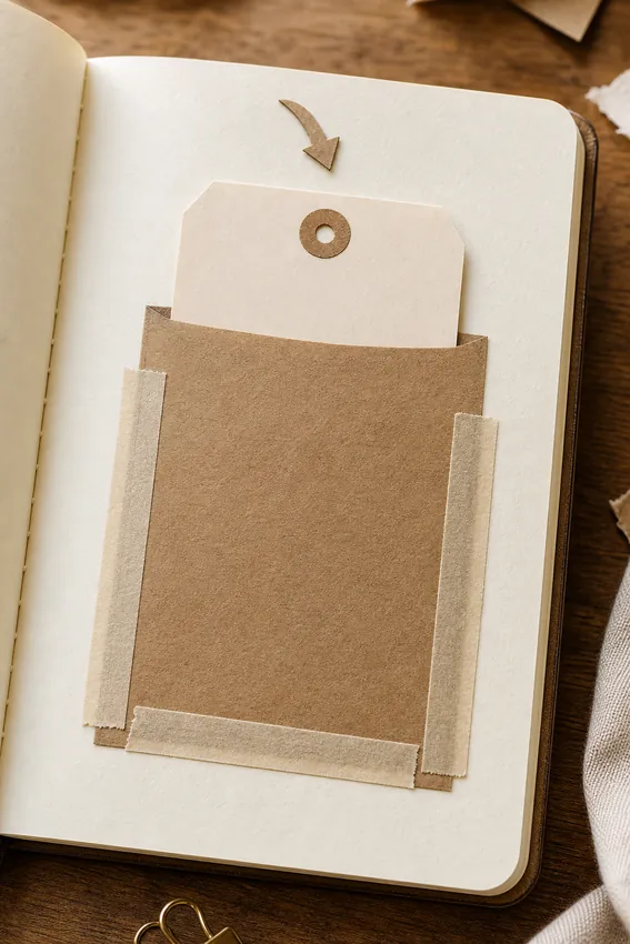 Simple kraft paper pocket taped on three sides with one blank tag peeking from the open top