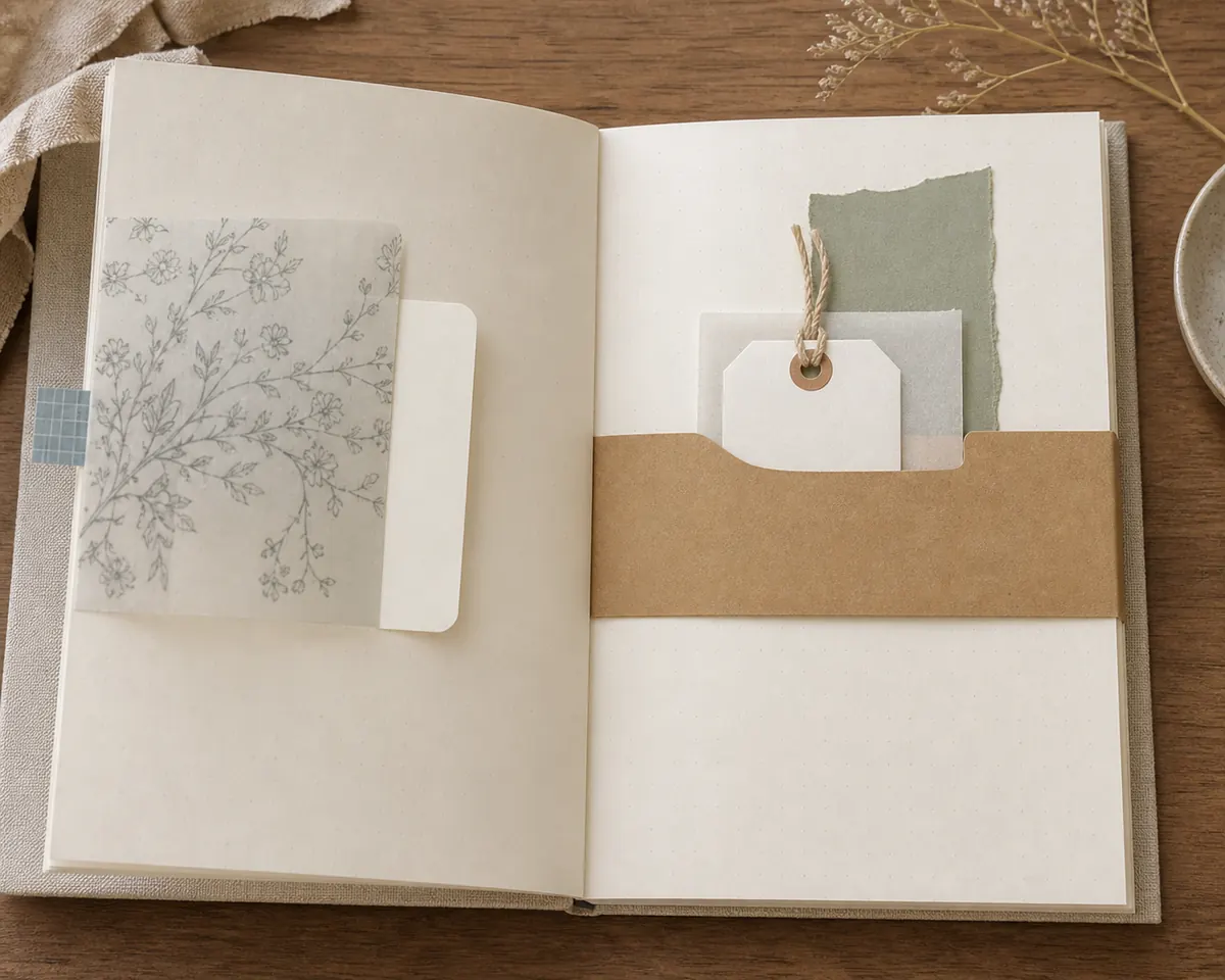 Journal spread with a flat belly band, a flip-out panel, and a blank note card peeking from a hidden space