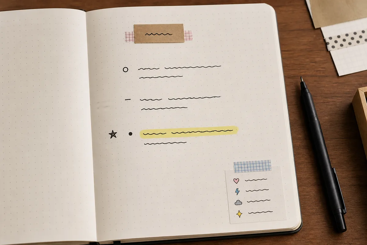Simple rapid log journal spread with three bullets, one star signifier, one highlighted line, and emotion symbols
