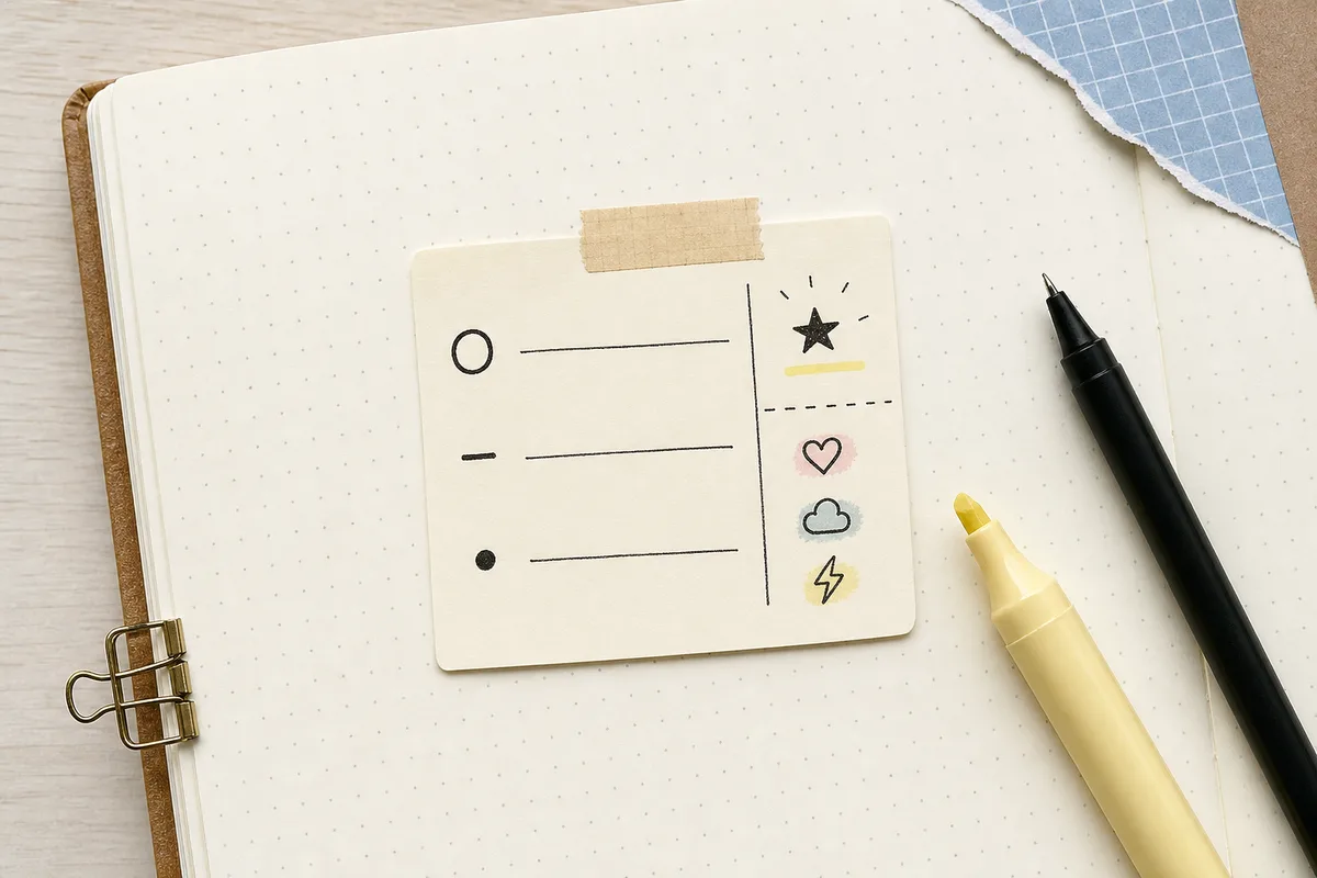 Memo card showing open circle, dash, dot, star signifier, and simple emotion symbols for rapid logging