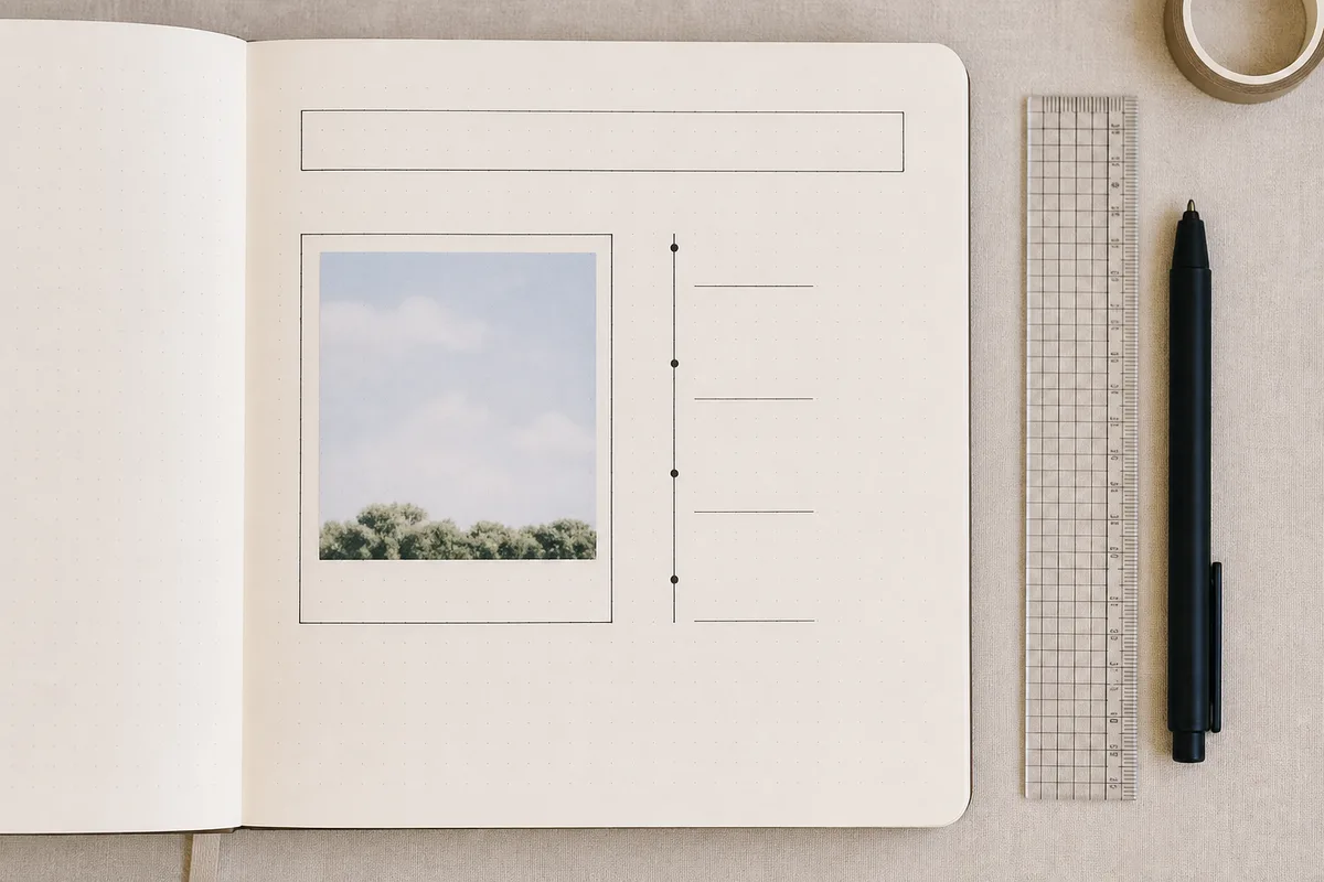 Dot-grid journal with a top date strip, a measured photo slot, and a slim vertical timeline
