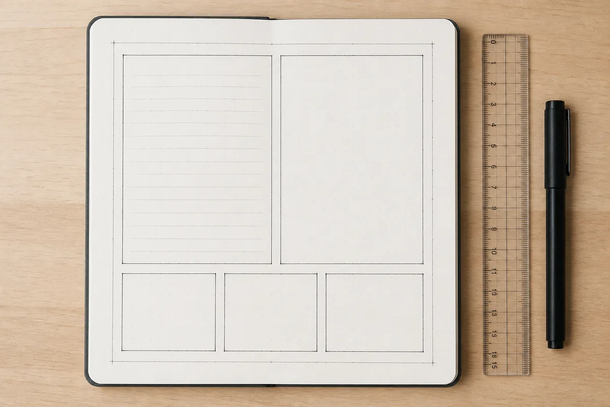 Dot-grid journal with a measured margin frame, two columns, and three small equal boxes