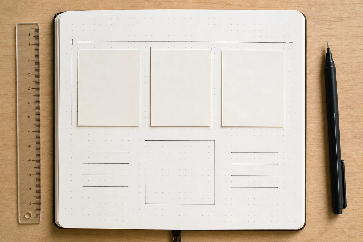 Dot-grid journal with three aligned memo cards, equal spacing, writing lines, and one intentional blank box
