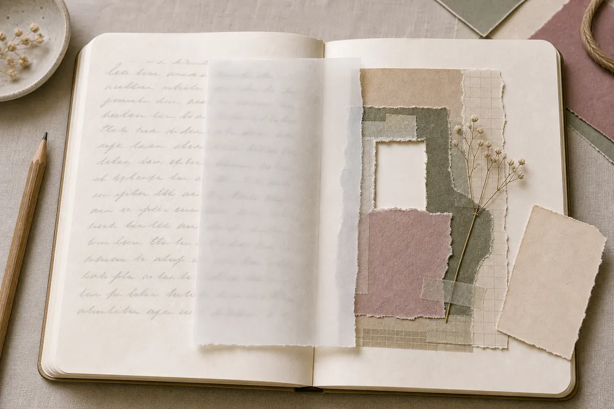 Journal page showing private writing, translucent paper, torn collage layers, and a blank reveal window