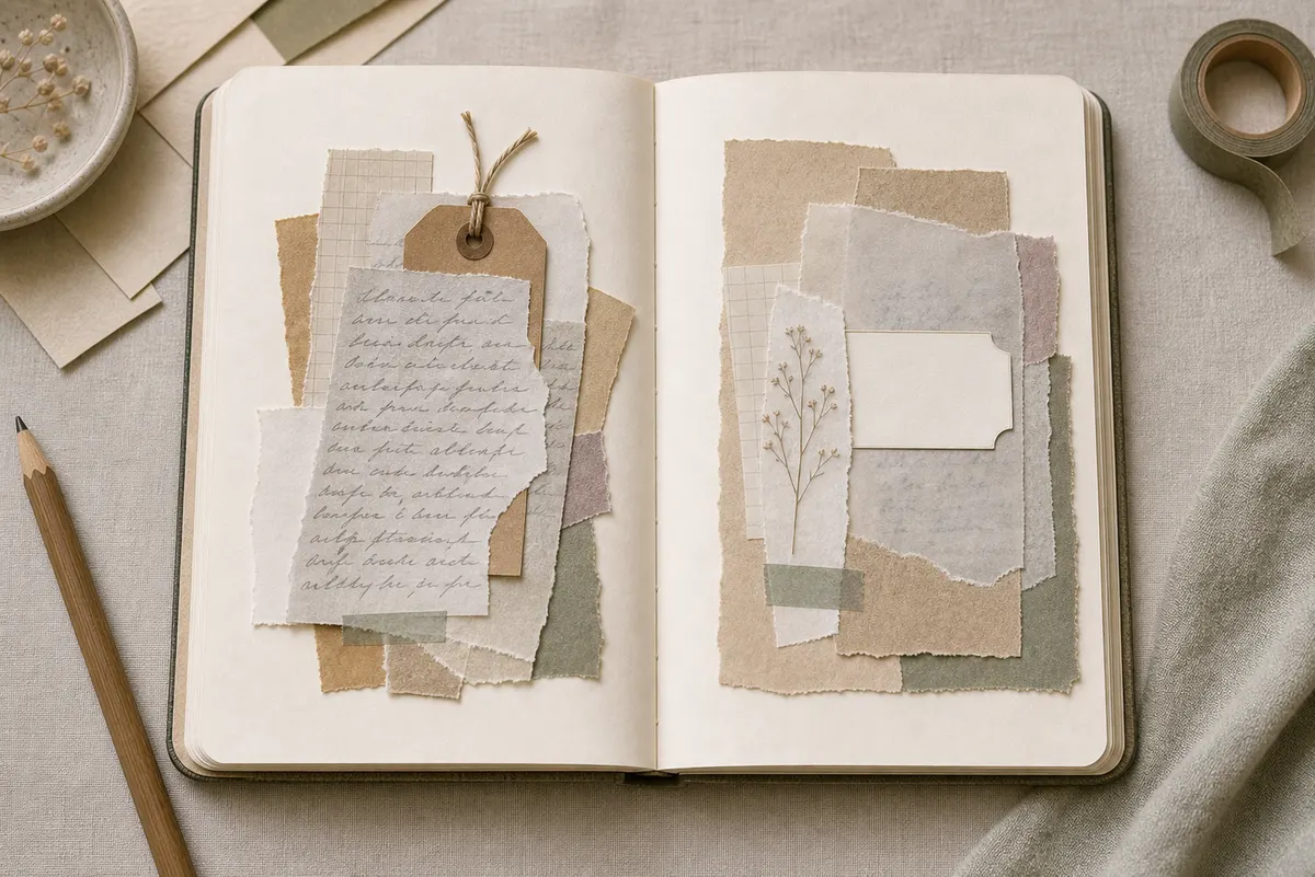 Open journal comparing a secret writing collage with writing too visible and a clean covered collage where writing is softened and private