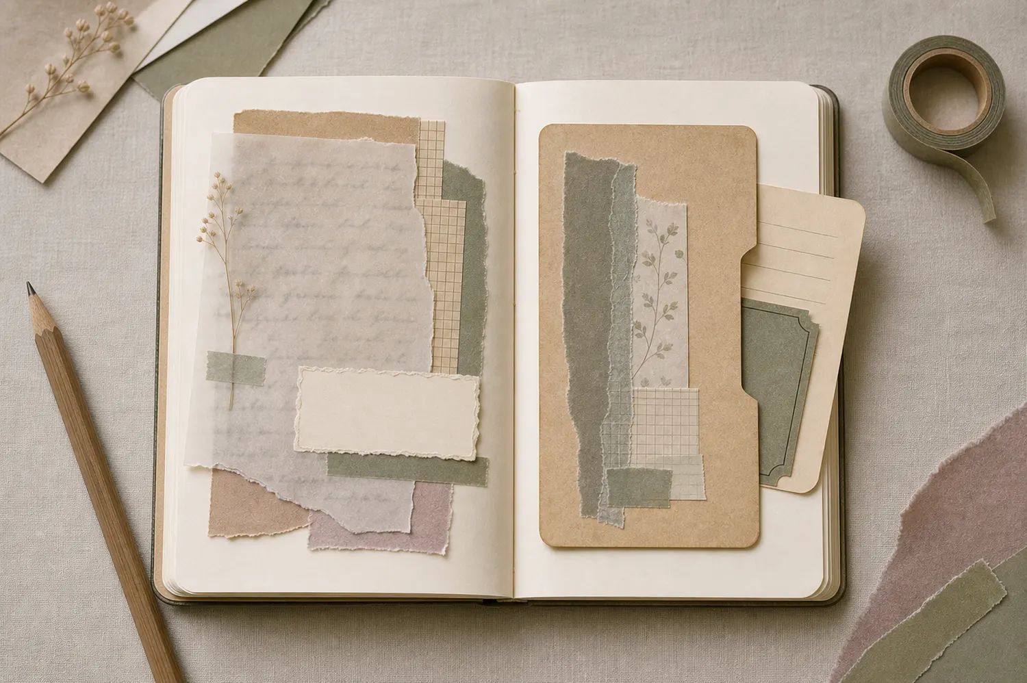 Open journal with faint private writing softened under translucent paper and thin collage layers