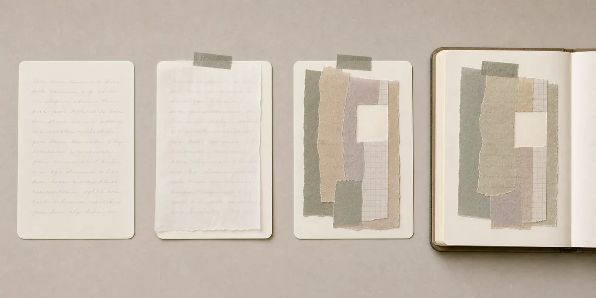Four-stage process showing private writing, translucent paper, collage cover, and finished secret writing collage on a journal page
