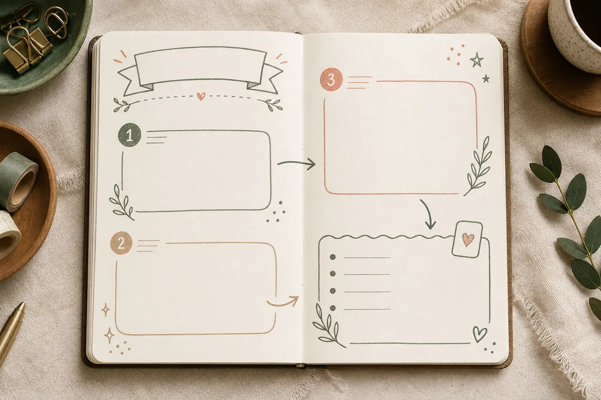A beginner sketchnote-style journal page with boxes, arrows, dots, leaves, stars, and empty caption lines