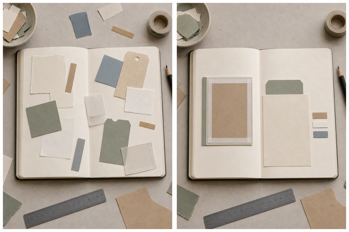 Before and after journal spread planning comparison showing scattered scraps changed into a clear reading path with focal point, writing area, and quiet space