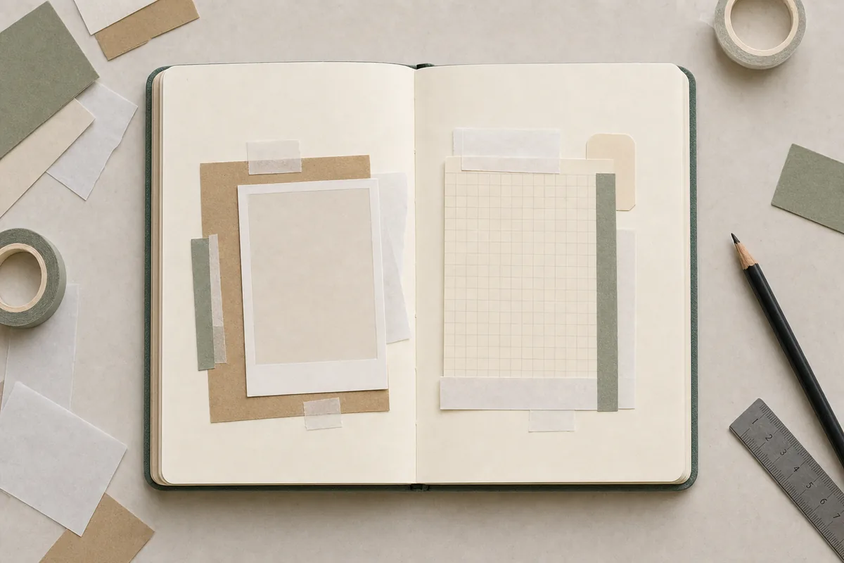Journal spread dry fit with loose photo, journaling card, patterned paper, labels, and a phone photo used as a placement reference