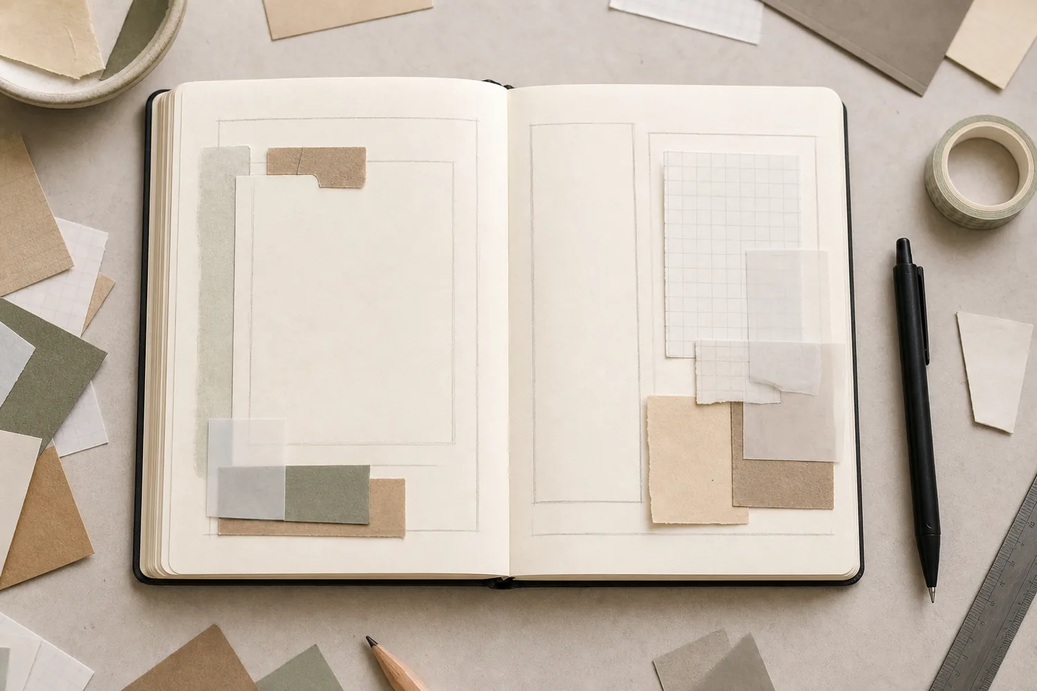 Open journal spread with loose paper pieces, pencil arrows, writing zones, and a focal photo placed before glue is added