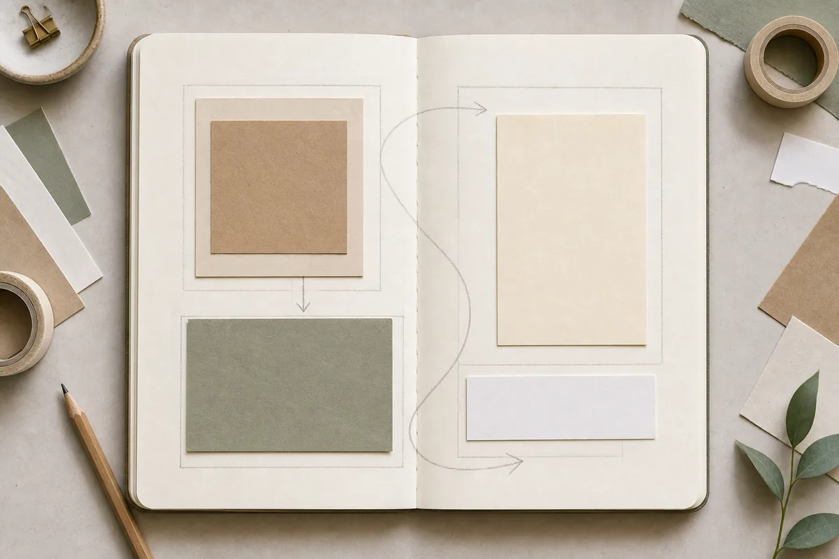 Simple journal spread zone map showing focal point, writing area, quiet space, accent cluster, and arrows across both pages